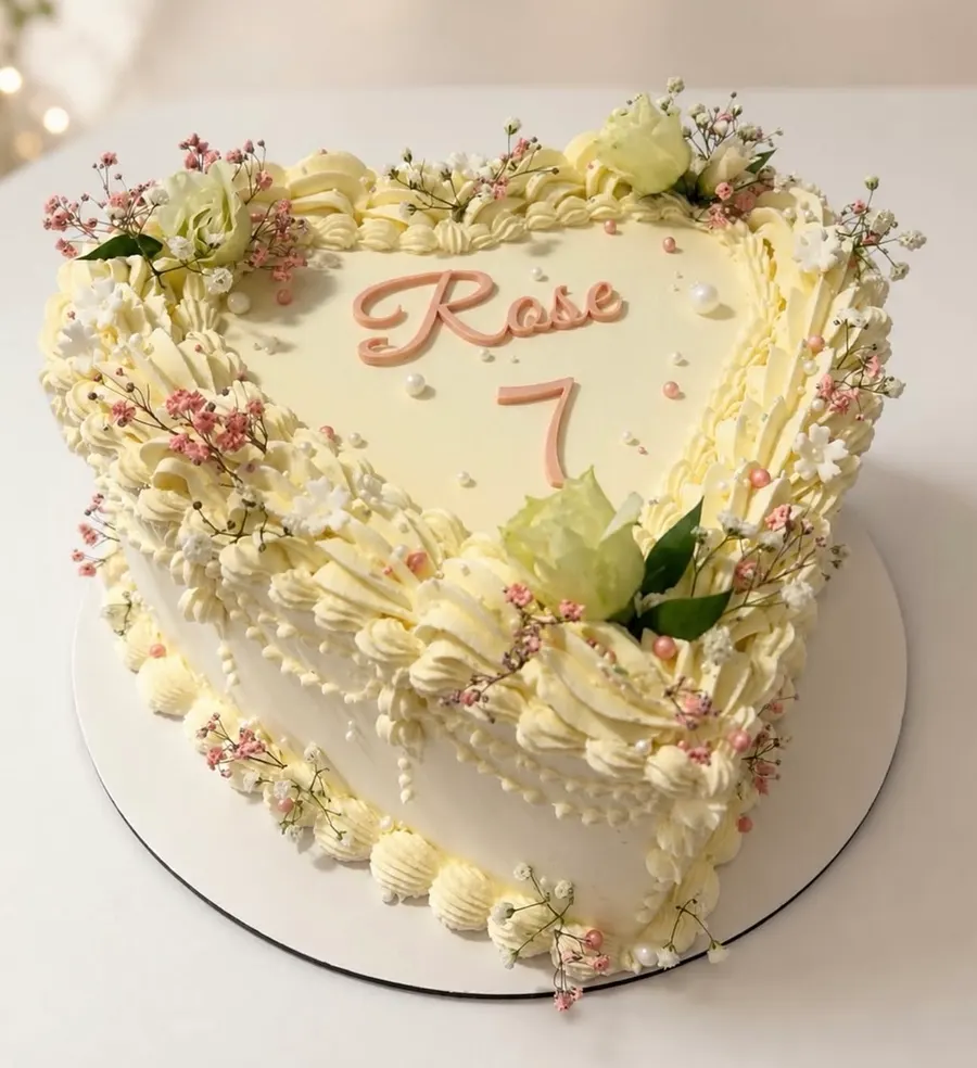 Srdcová torta so šľahačkovým zdobením a kvetmi